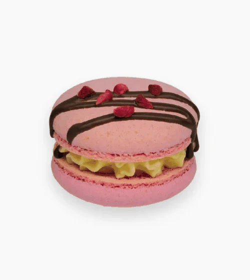 Vibrant pink shells raspberry macarons with dark chocolate drizzle and berry pieces