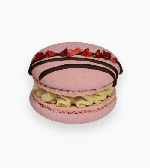 Pink strawberry macarons with dark chocolate drizzle and ruby-red fruit pieces