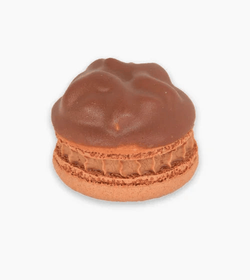 Orchard Chocolate macaron with chocolate shells and fruit-infused ganache topped with glossy chocolate crown