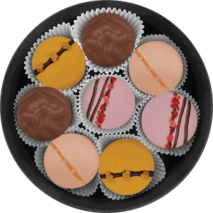 Golden Sunset macarons in vibrant citrus yellows, sunset orange, soft pinks, and rich chocolate tones with elegant finishes