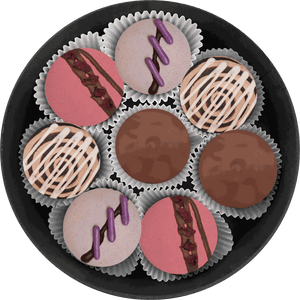 Silk & Spice macarons with vibrant pink and purple shells drizzled in chocolate and spiced cream fillings